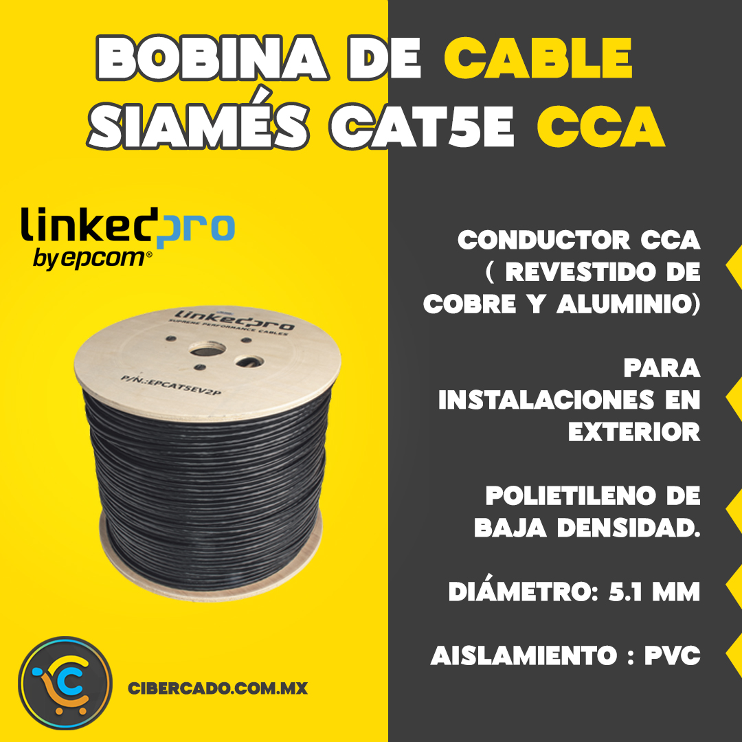 Bobina de Cable Siamés Cat5E CCA + 2 Cables Gruesos (16 AWG) para Alimentar Cámaras Más Lejos / 305m / Instalación en Exterior / Uso Industrial para Climas Extremos