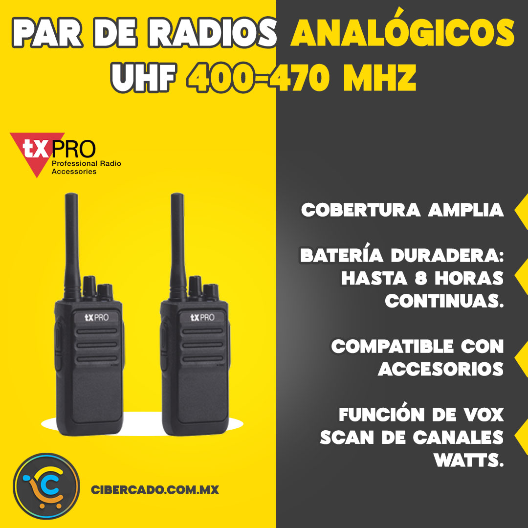 Par de radios analógicos UHF 400-470 MHz de 2 watts de potencia.