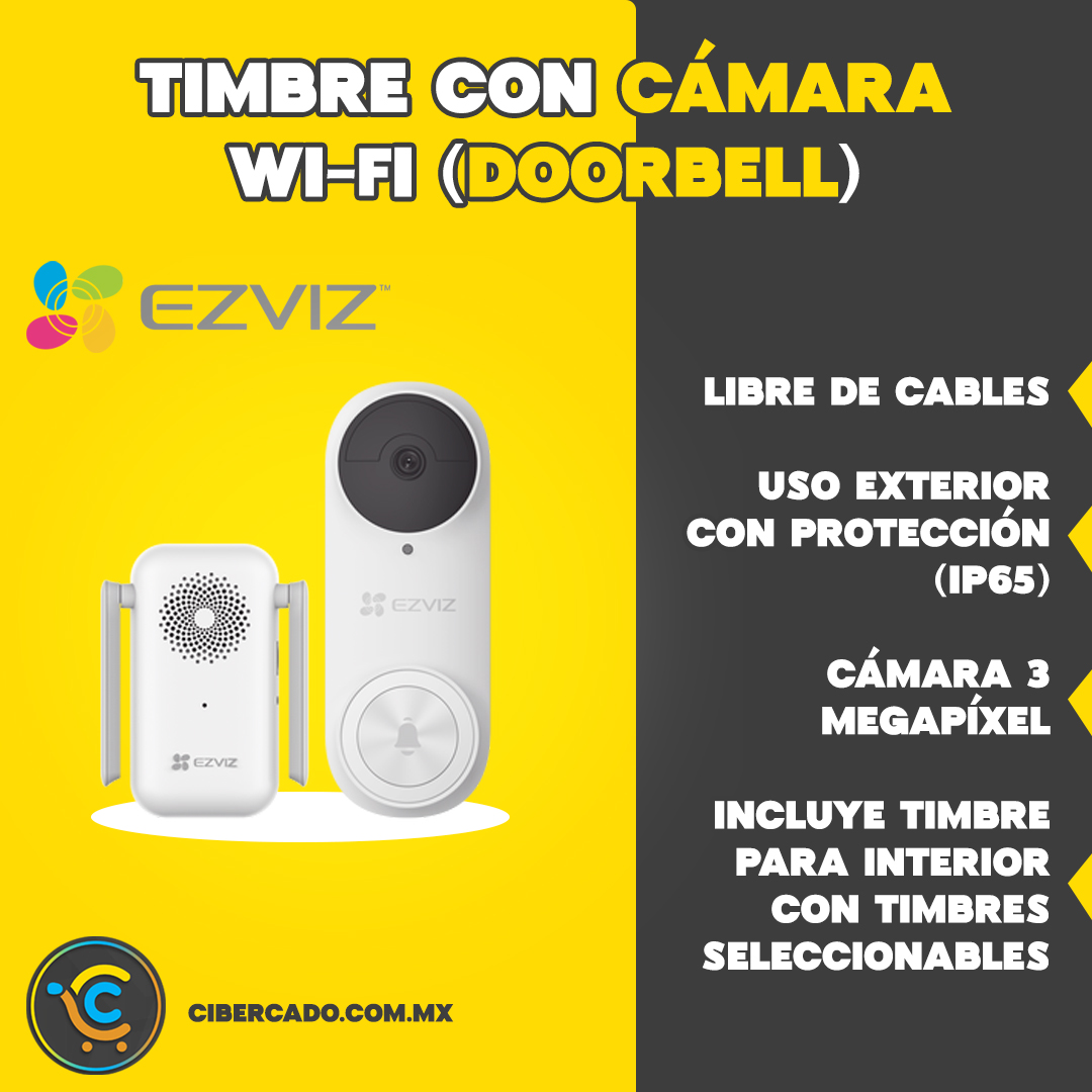 Timbre con Cámara Wi-Fi (Doorbell) de Batería Recargable  / Libre de Cables / Uso Exterior Con Protección (IP65) / Cámara 3 Megapíxel / Llamada a la App / Incluye Timbre Para Interior Con Timbres Seleccionables / Ranura 