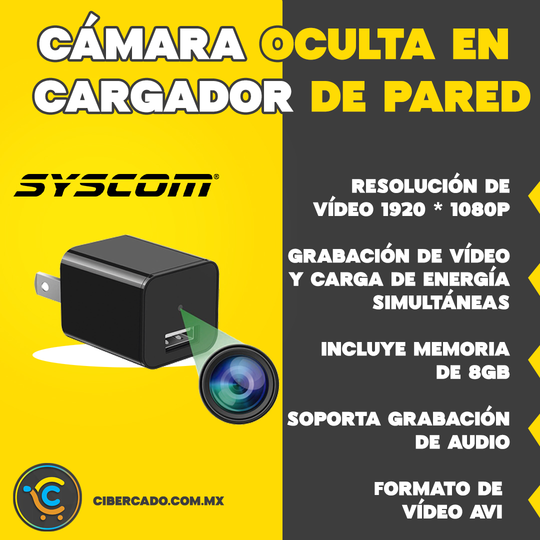 Cámara Oculta en Cargador de Pared / Memoria de 8GB / Resolución 2 Megapixel (1080P) / Grabación Continua o por Movimiento 